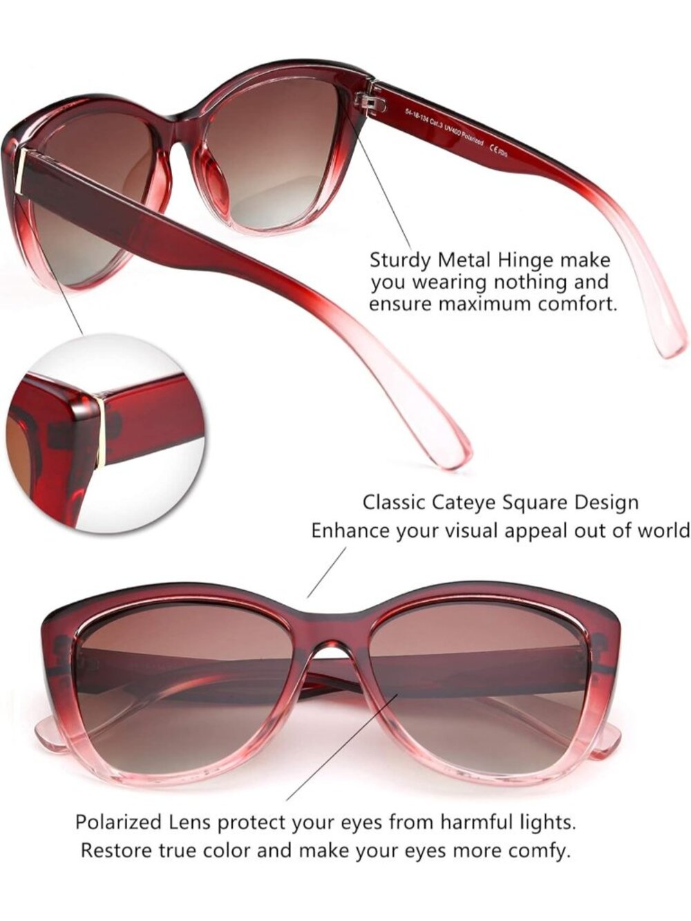 Women's Red Polarized Vintage Sunglasses American Square Jackie O Cat Eye - Picture 4 of 6
